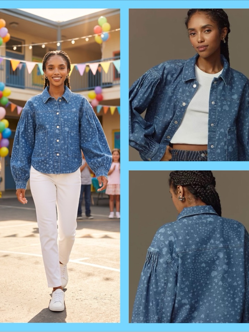 Anthropologie Blue Heart-Print Denim Jacket